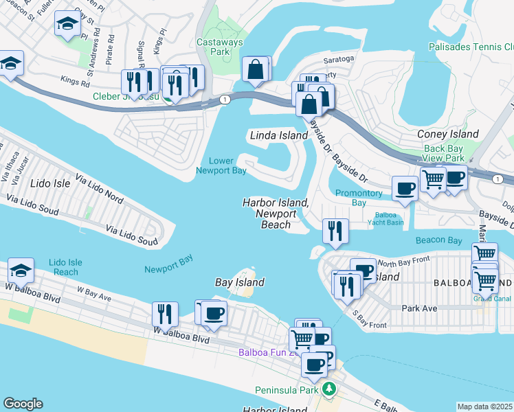 map of restaurants, bars, coffee shops, grocery stores, and more near 19 Harbor Island in Newport Beach