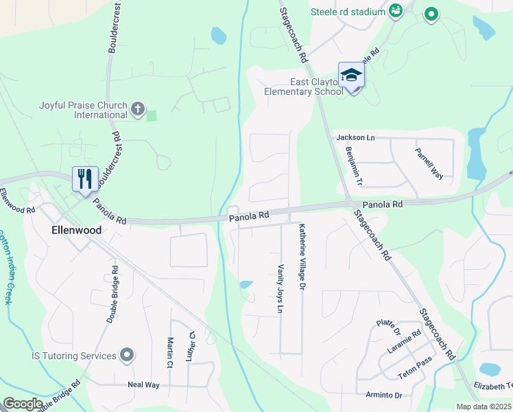 map of restaurants, bars, coffee shops, grocery stores, and more near 3505 Saddle Creek Lane in Ellenwood