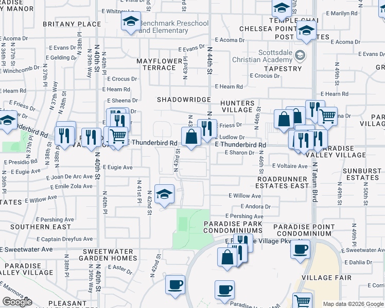 map of restaurants, bars, coffee shops, grocery stores, and more near 4315 East Thunderbird Road in Phoenix