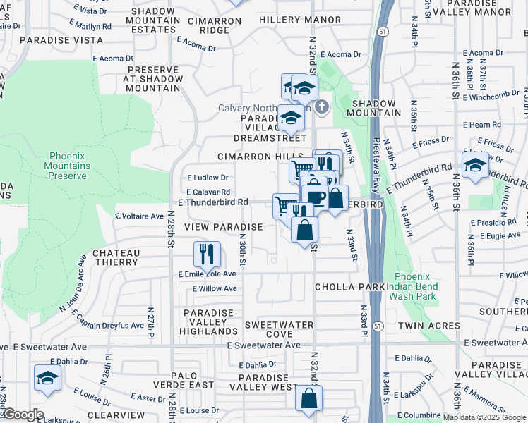 map of restaurants, bars, coffee shops, grocery stores, and more near 3033 East Thunderbird Road in Phoenix