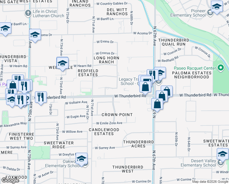 map of restaurants, bars, coffee shops, grocery stores, and more near 6930 West Voltaire Avenue in Peoria