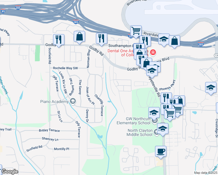 map of restaurants, bars, coffee shops, grocery stores, and more near 5289 Hanover Street in Atlanta