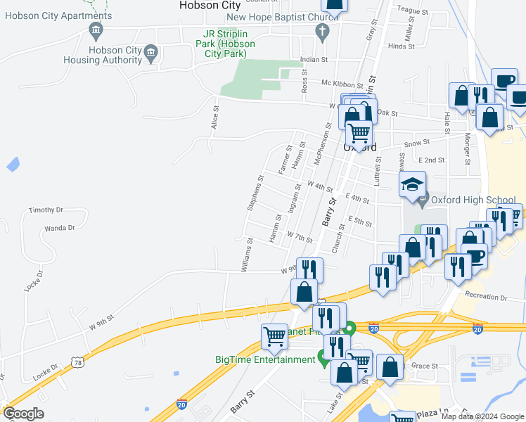 map of restaurants, bars, coffee shops, grocery stores, and more near 308 West 6th Street in Oxford