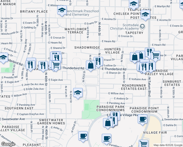 map of restaurants, bars, coffee shops, grocery stores, and more near 4315 East Thunderbird Road in Phoenix