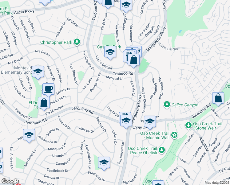 map of restaurants, bars, coffee shops, grocery stores, and more near 24231 Robledo in Mission Viejo
