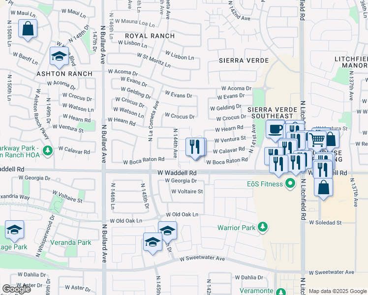 map of restaurants, bars, coffee shops, grocery stores, and more near 14020 North 143rd Avenue in Surprise