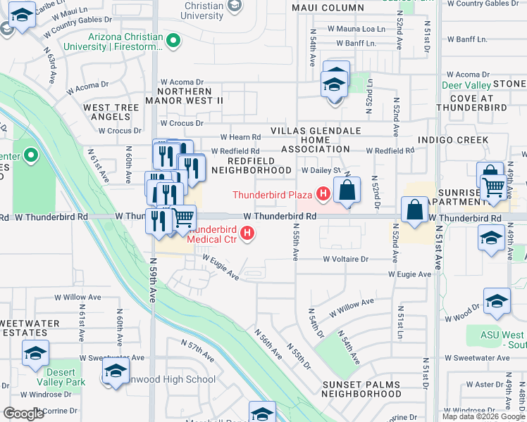 map of restaurants, bars, coffee shops, grocery stores, and more near 5543 West Boca Raton Road in Glendale
