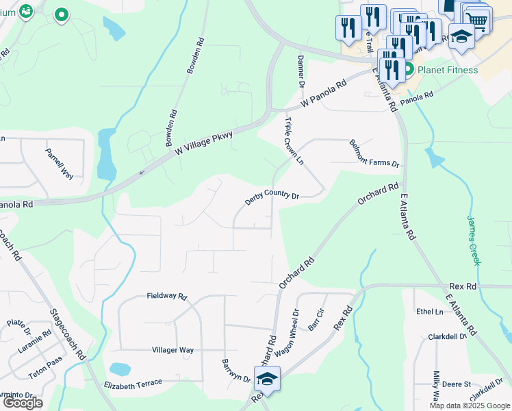 map of restaurants, bars, coffee shops, grocery stores, and more near 95 Derby Country Drive in Ellenwood