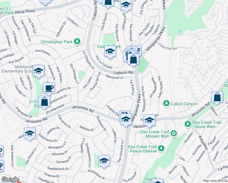 map of restaurants, bars, coffee shops, grocery stores, and more near 24231 Robledo in Mission Viejo
