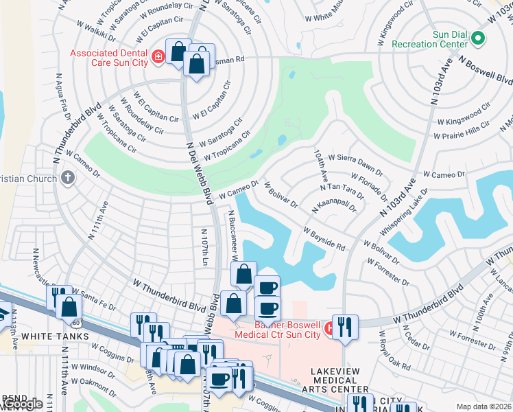 map of restaurants, bars, coffee shops, grocery stores, and more near 10601 West Bayside Road in Sun City