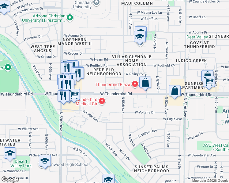 map of restaurants, bars, coffee shops, grocery stores, and more near 5543 West Boca Raton Road in Glendale