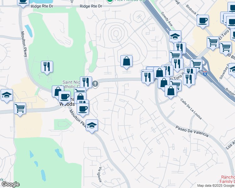 map of restaurants, bars, coffee shops, grocery stores, and more near Calle Aragon & Avenida Sevilla in Laguna Woods