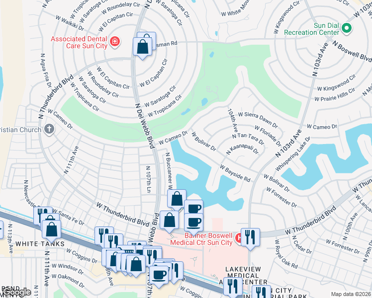 map of restaurants, bars, coffee shops, grocery stores, and more near 10601 West Bayside Road in Sun City