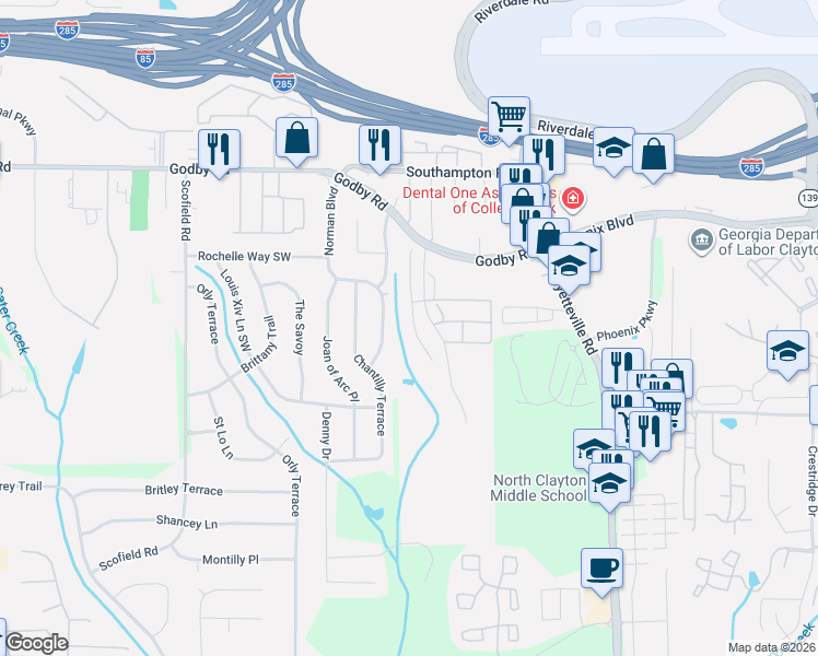 map of restaurants, bars, coffee shops, grocery stores, and more near 5289 Hanover Street in Atlanta