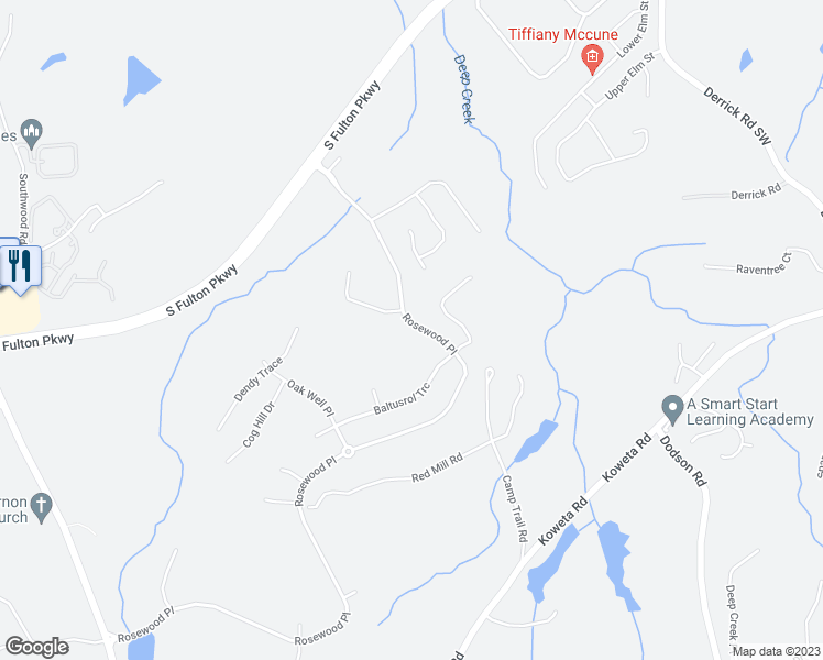 map of restaurants, bars, coffee shops, grocery stores, and more near 5177 Rosewood Place in Fairburn