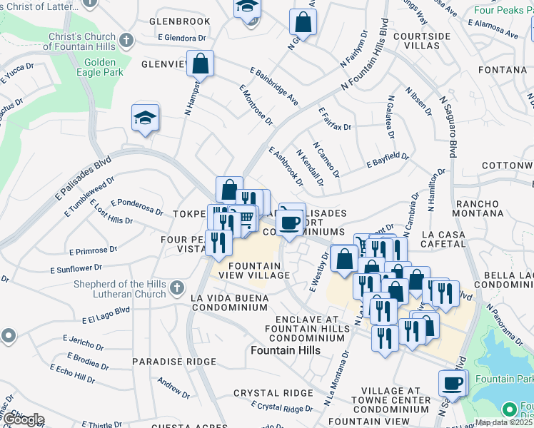 map of restaurants, bars, coffee shops, grocery stores, and more near 16354 East Palisades Boulevard in Fountain Hills