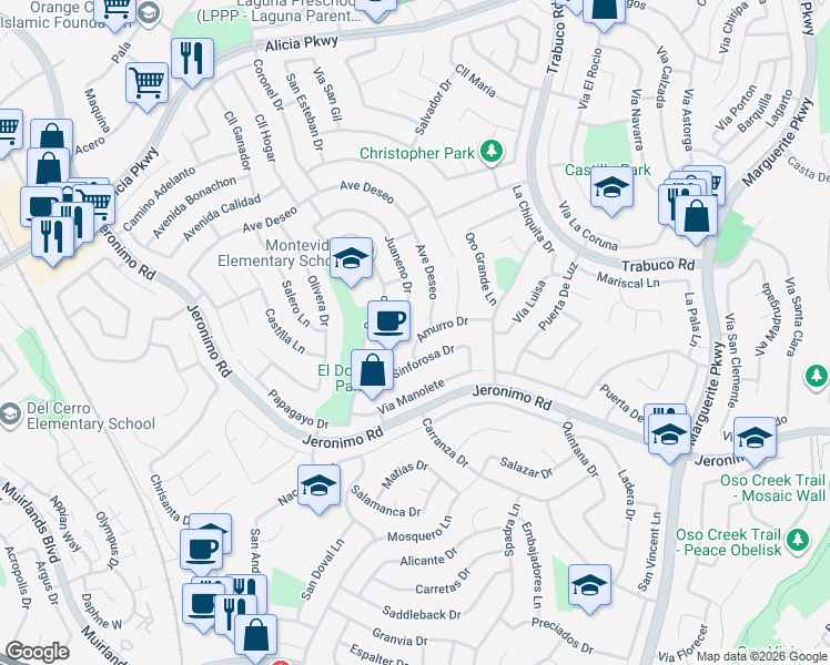 map of restaurants, bars, coffee shops, grocery stores, and more near 24261 Amurro Drive in Mission Viejo