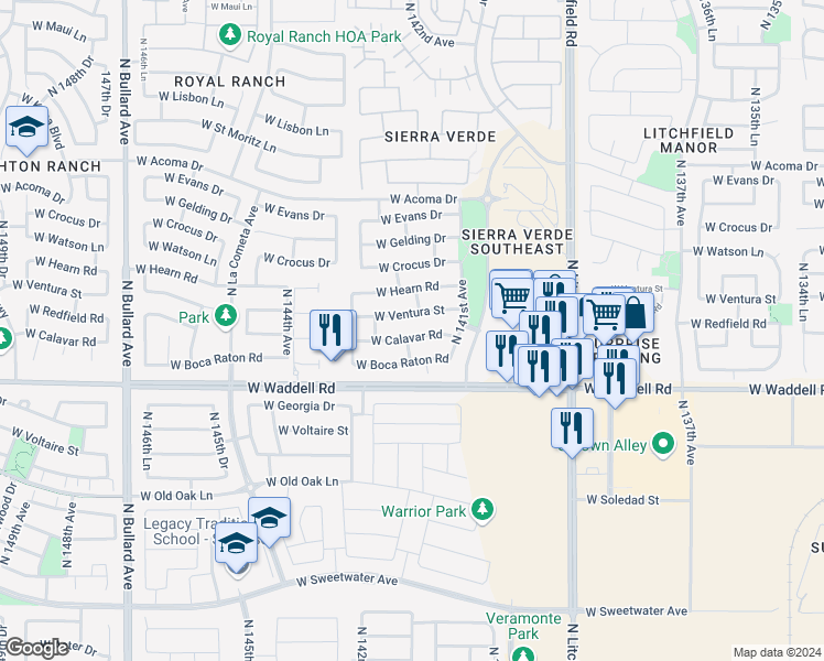 map of restaurants, bars, coffee shops, grocery stores, and more near 14192 West Calavar Road in Surprise