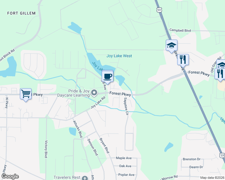 map of restaurants, bars, coffee shops, grocery stores, and more near 2271 Wentworth Park Drive in Ellenwood