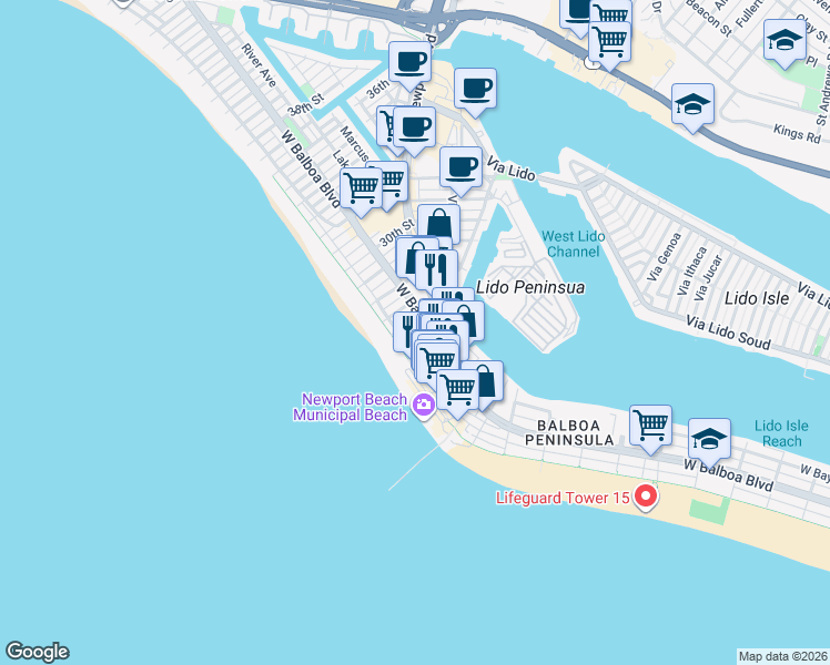 map of restaurants, bars, coffee shops, grocery stores, and more near 119 25th Street in Newport Beach