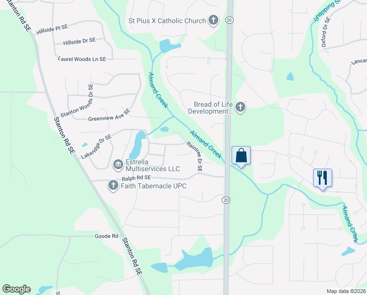 map of restaurants, bars, coffee shops, grocery stores, and more near 831 Bridgewater Way Southeast in Conyers