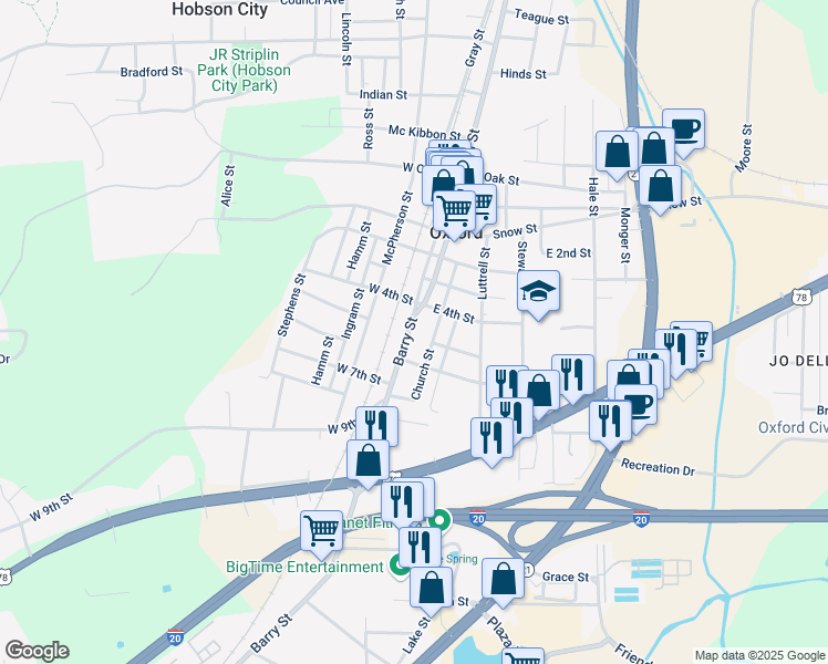 map of restaurants, bars, coffee shops, grocery stores, and more near 1001 Church Street in Oxford