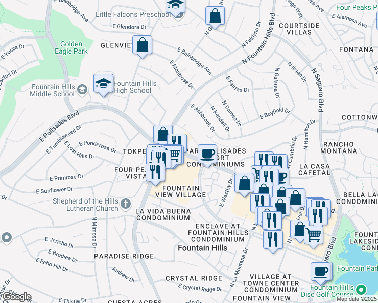 map of restaurants, bars, coffee shops, grocery stores, and more near 16354 East Palisades Boulevard in Fountain Hills