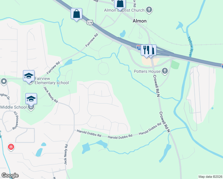 map of restaurants, bars, coffee shops, grocery stores, and more near 75 Streamside Drive in Covington