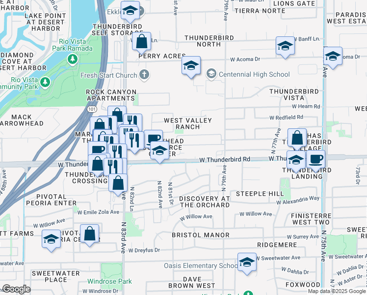 map of restaurants, bars, coffee shops, grocery stores, and more near in Peoria