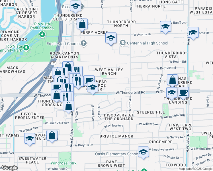 map of restaurants, bars, coffee shops, grocery stores, and more near 7420 West Cactus Road in Peoria