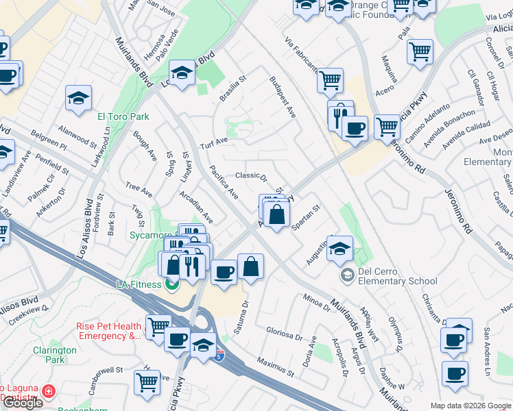map of restaurants, bars, coffee shops, grocery stores, and more near 24201 Adonis Street in Mission Viejo