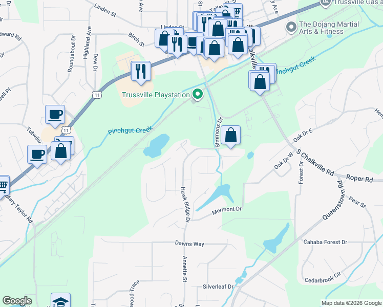 map of restaurants, bars, coffee shops, grocery stores, and more near Hawk Ridge Drive in Trussville