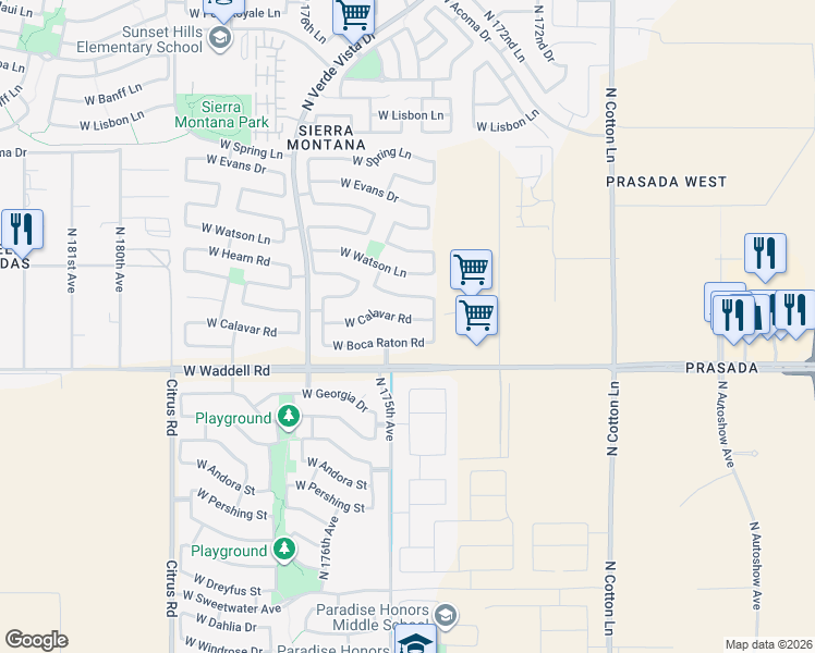 map of restaurants, bars, coffee shops, grocery stores, and more near 17465 West Boca Raton Road in Surprise