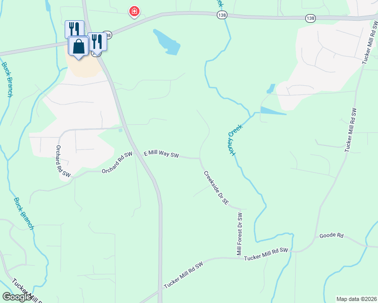 map of restaurants, bars, coffee shops, grocery stores, and more near 2721 East Mill Way Southwest in Conyers