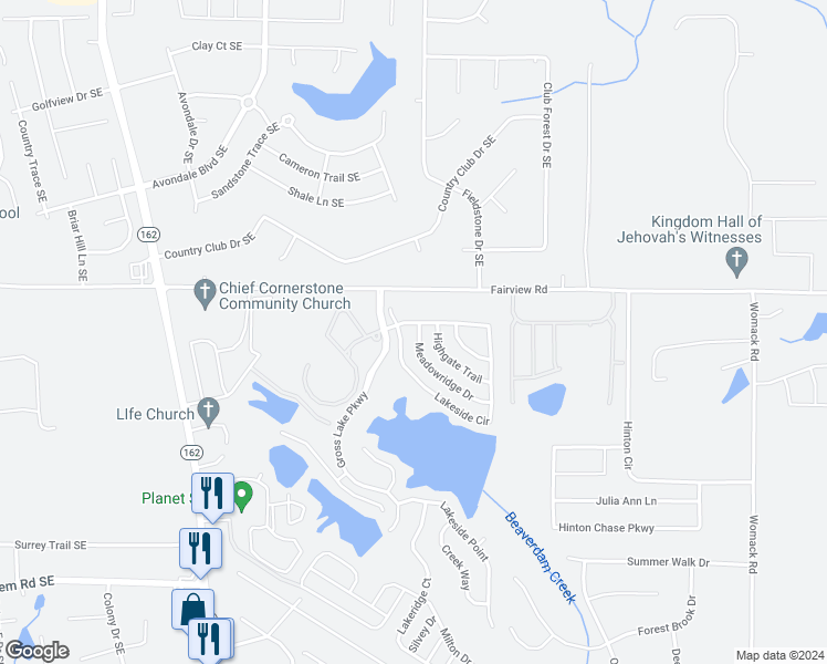 map of restaurants, bars, coffee shops, grocery stores, and more near 20 Meadowridge Drive in Covington