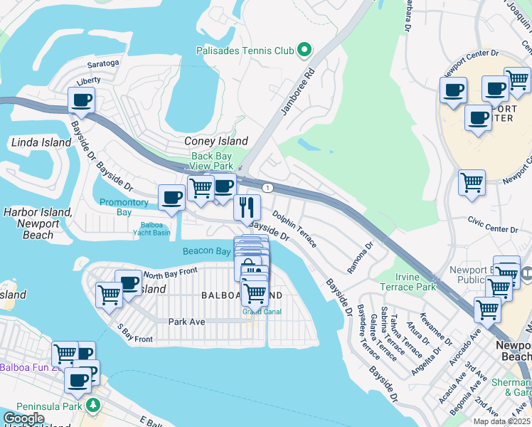 map of restaurants, bars, coffee shops, grocery stores, and more near 1119 Dolphin Terrace in Newport Beach