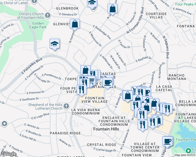 map of restaurants, bars, coffee shops, grocery stores, and more near 16225 North Fountain Hills Boulevard in Fountain Hills