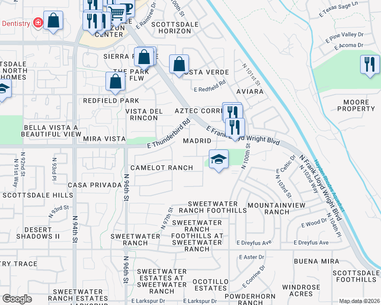 map of restaurants, bars, coffee shops, grocery stores, and more near 9841 East Sharon Drive in Scottsdale