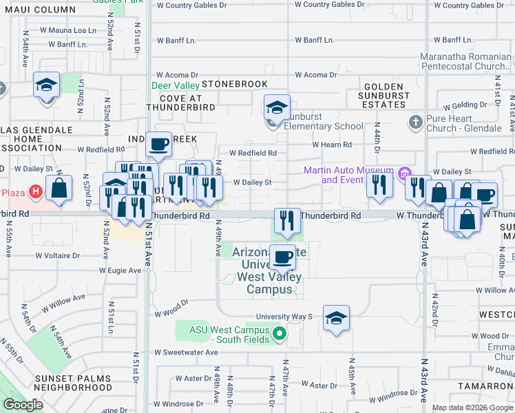 map of restaurants, bars, coffee shops, grocery stores, and more near 13817 North 48th Avenue in Glendale
