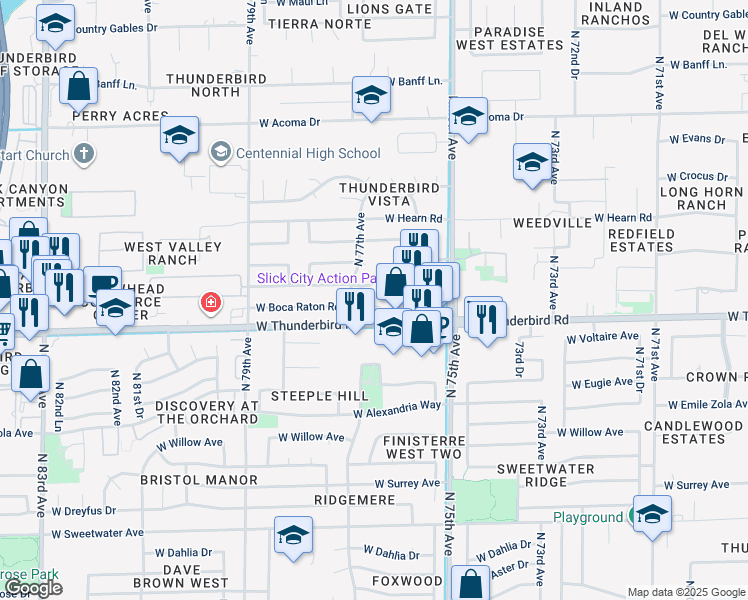 map of restaurants, bars, coffee shops, grocery stores, and more near 7665 West Boca Raton Road in Peoria