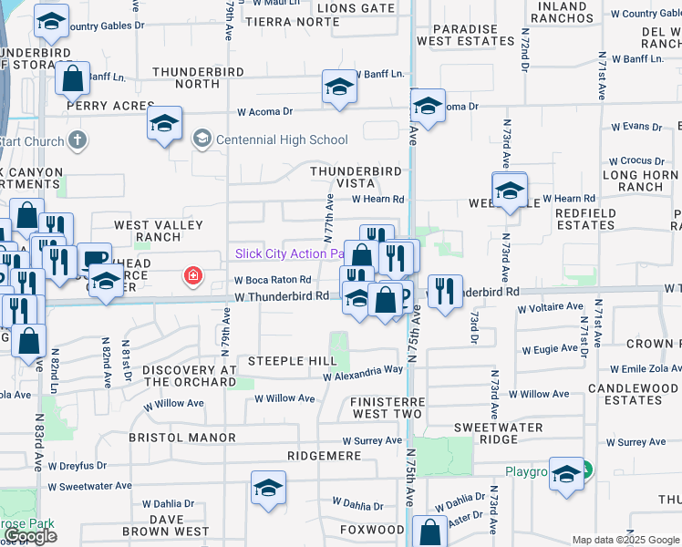 map of restaurants, bars, coffee shops, grocery stores, and more near 7665 West Boca Raton Road in Peoria