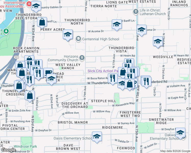 map of restaurants, bars, coffee shops, grocery stores, and more near 7809 West Boca Raton Road in Peoria