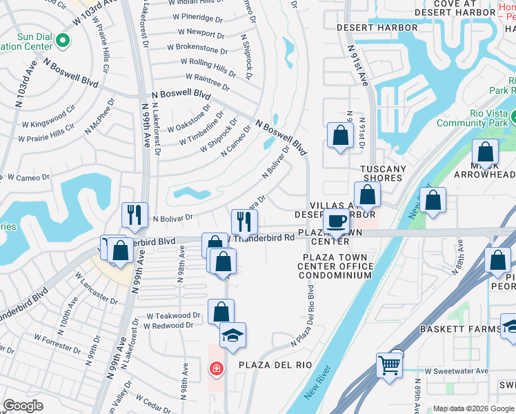 map of restaurants, bars, coffee shops, grocery stores, and more near 13851 North Sahara Drive in Sun City