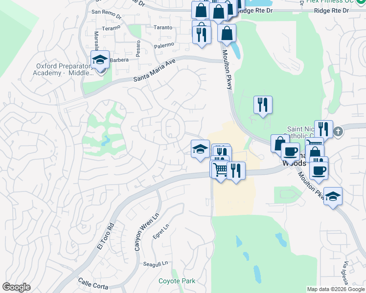 map of restaurants, bars, coffee shops, grocery stores, and more near 3176 Via Buena Vista in Laguna Woods