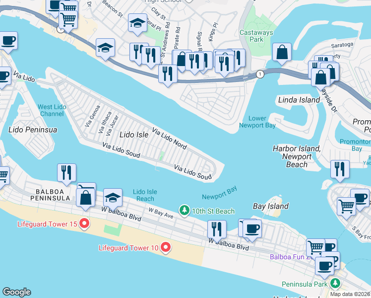 map of restaurants, bars, coffee shops, grocery stores, and more near 136 Via Waziers in Newport Beach