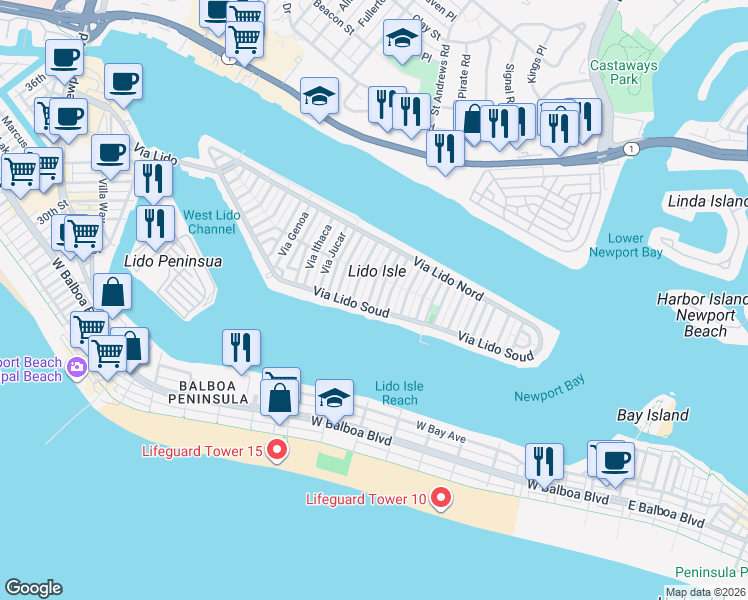 map of restaurants, bars, coffee shops, grocery stores, and more near 615 Via Lido Soud in Newport Beach