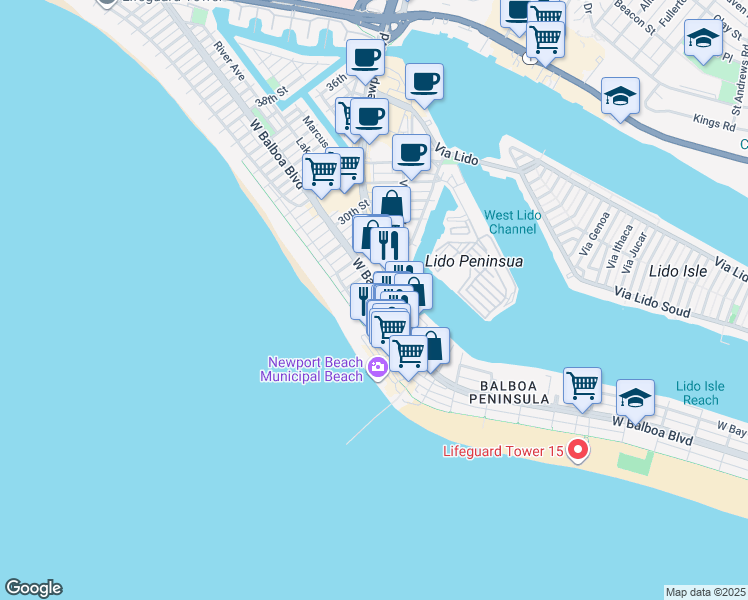 map of restaurants, bars, coffee shops, grocery stores, and more near 111 24th Street in Newport Beach