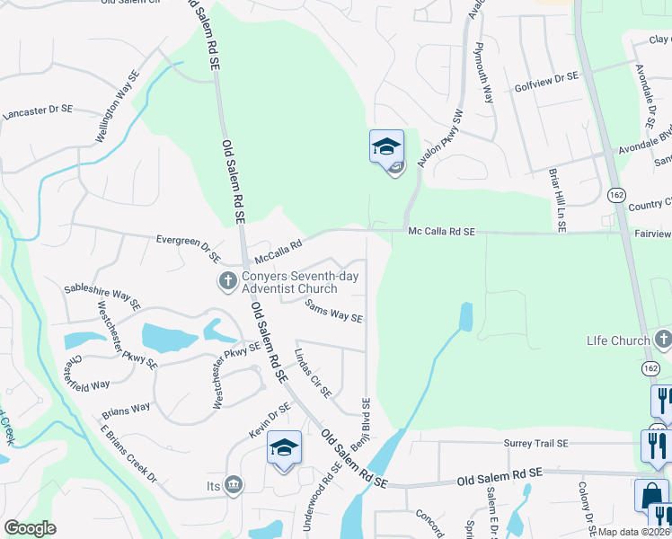 map of restaurants, bars, coffee shops, grocery stores, and more near 3418 Williams Place Southeast in Conyers