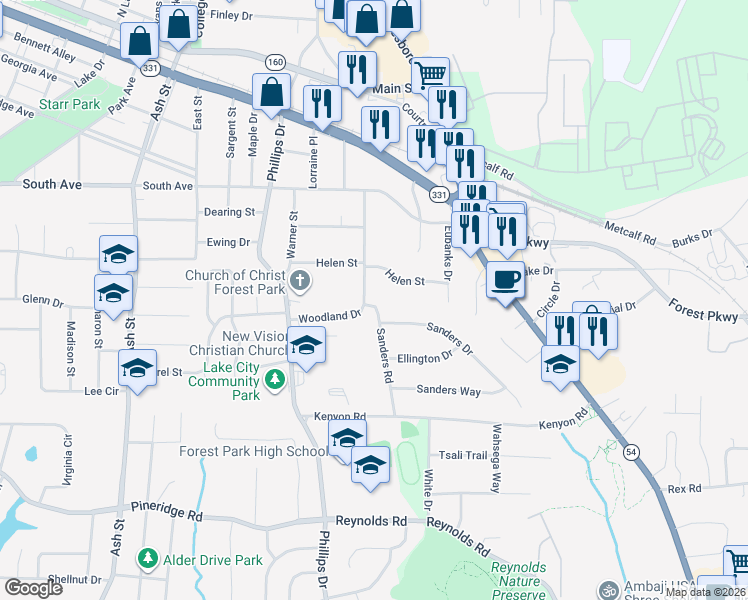 map of restaurants, bars, coffee shops, grocery stores, and more near 5272 Sanders Road in Lake City