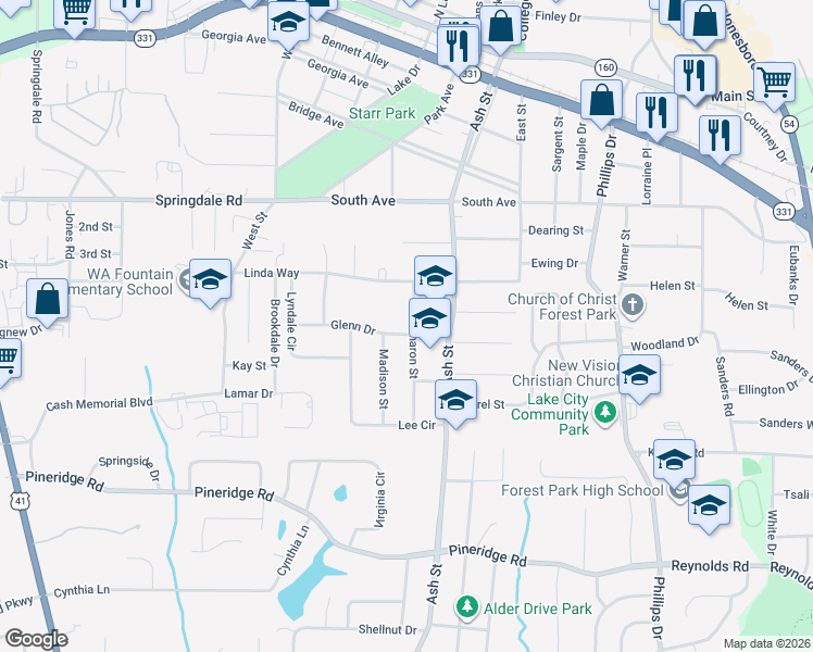 map of restaurants, bars, coffee shops, grocery stores, and more near 5278 Madison Street in Forest Park